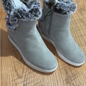 Serra Gray Ankle Wedge Boots with Faux Fur Trim